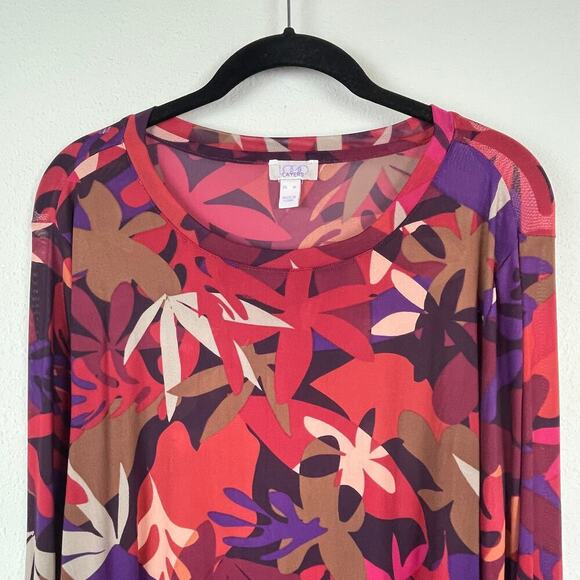 Logo Layers Lauren XL‎ Maroon Burnt Orange Floral Sheer Mock Neck Shirt - Picture 2 of 8